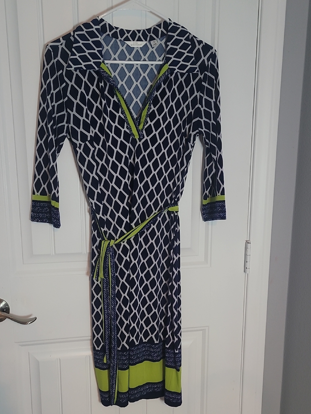 Mlle Gabrielle Navy and Lime Geometric Wrap Midi Dress